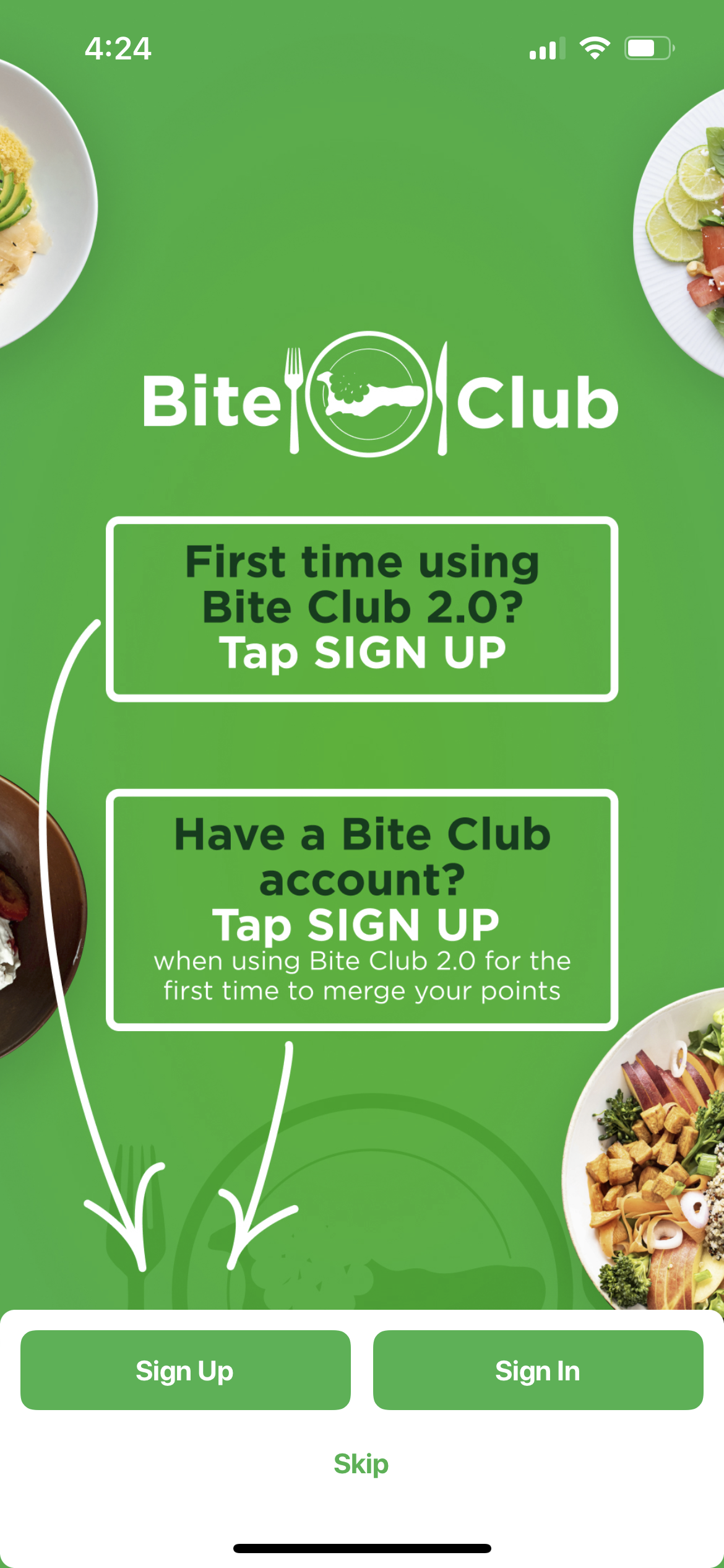 screenshot of bite club app