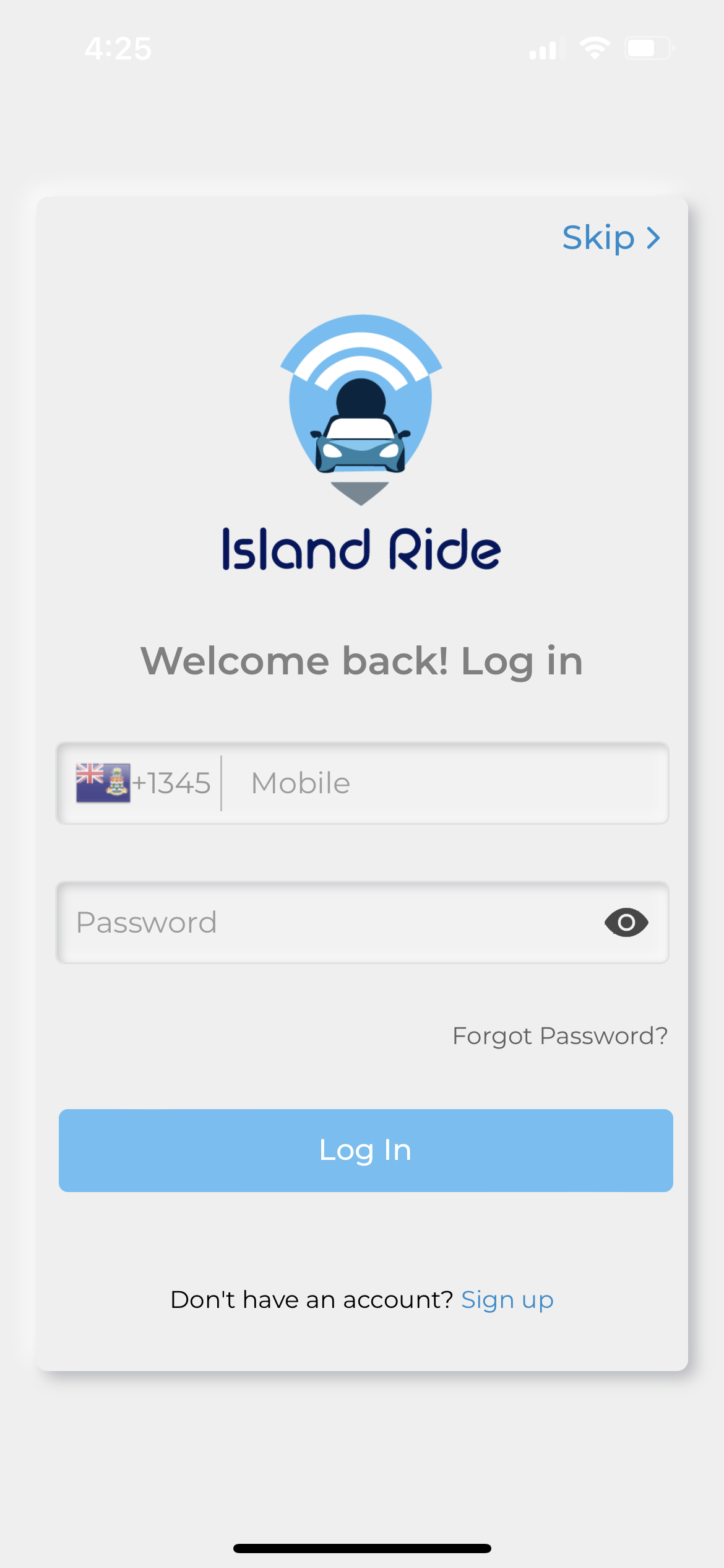 screenshot of island ride app